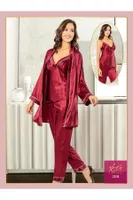 İnce Askılı Saten 3Lü Bordo Sabahlık Pijama Çeyiz Seti XSES 2101 Bordo