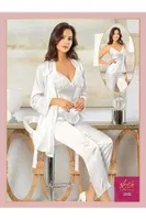 İnce Askılı Saten Göğsü Dantel 3Lü Sabahlık Pijama Çeyiz Seti XSES 2102 Ekru