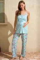 Çiçek Desenli İp Askılı V Yaka Dantel Detaylı Hamile Pijama Takımı Sabahlık Anıl 5775 detay görünüm