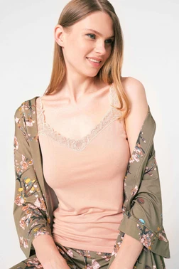 Anıl İp Askılı V Yaka Viskon Çiçek Desenli Dantelli Pijama Takımı Sabahlık Anıl 5792