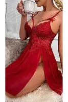 İpli Dantelli Tül Kırmızı Seksi Fantezi Gecelik Ruselin 2105 Kırmızı görsel 4