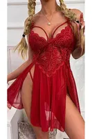 İpli Dantelli Tül Kırmızı Seksi Fantezi Gecelik Ruselin 2105 Kırmızı