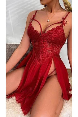 Ruselin İpli Dantelli Tül Kırmızı Seksi Fantezi Gecelik Ruselin 2105 - Alternatif Görünüm
