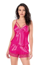 Ahu Lingerie İpli Fuşya Saten Babydoll Şort Takımı Ahu Primoda 9119
