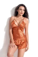 İpli Oranj Saten Babydoll Şort Takımı Ahu Primoda 9104 Turuncu farklı açı