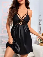 İpli Saten Dantelli Siyah Fantezi Gecelik Lily Bianca 432 Siyah