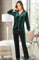Kadife Gömlek Yaka Lohusa Pijama Takımı XSES 5500 Yeşil