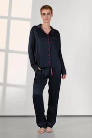 Doreanse Kadife Viskon Lacivert Gömlek Yaka Kadın Pijama Takımı Doreanse 25K4037