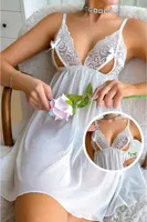 Kadın Beyaz Göğüs Dekolteli Transparan Seksi Tül Gecelik Ruselin 2089 Beyaz detay görünüm