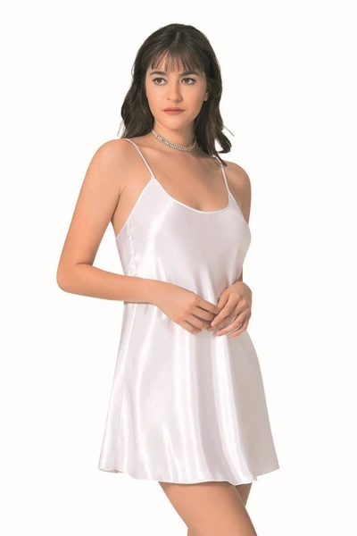 Kadın Beyaz Kısa Saten Gecelik Ahu Primoda 8093