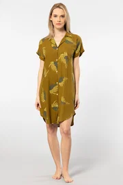 Türen Dokuma Kısa Kollu Düğmeli Yaprak Desenli Elbise Türen 3601