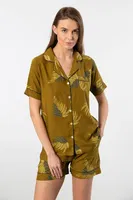Düğmeli Desenli Dokuma Şort Kadın Pijama Takımı Türen 3605 Haki