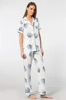 Yaprak Desenli Kısa Kollu Dokuma Pijama Takımı Türen 3604 Ekru farklı açı