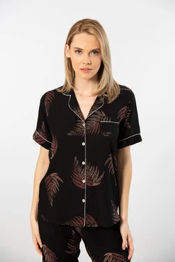 Türen Gömlek Yaka Yaprak Desenli Kısa Kollu Dokuma Pijama Takımı Türen 3604/Siyah