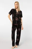 Gömlek Yaka Yaprak Desenli Kısa Kollu Dokuma Pijama Takımı Türen 3604/Siyah Siyah detay görünüm