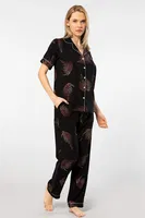 Gömlek Yaka Yaprak Desenli Kısa Kollu Dokuma Pijama Takımı Türen 3604/Siyah Siyah farklı açı