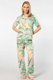 Türen Kadın Desenli Kısa Kol Dokuma Pijama Takımı Türen 3604/Yeşil