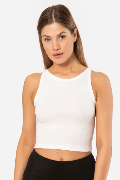 Kadın Fitilli Crop T-shirt Türen 3404/Beyaz
