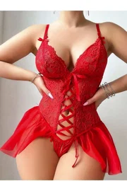 Kadın Kırmızı Dantel Detaylı Yanları Tül Fantezi Babydoll NightLight 3670