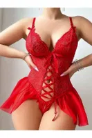 Kadın Kırmızı Dantel Detaylı Yanları Tül Fantezi Babydoll NightLight 3670