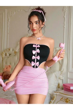 Ruselin Kadın Pembe Elbise Kostüm Fiyonklu Crop Ruselin 2154