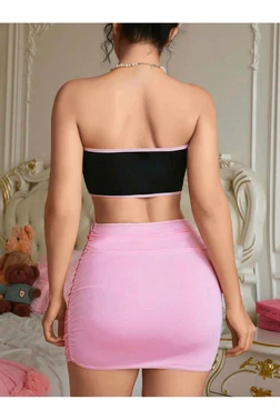 Ruselin Kadın Pembe Elbise Kostüm Fiyonklu Crop Ruselin 2154 - Alternatif Görünüm