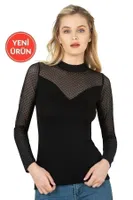 Kadın Ring Viskon Flok Tül Uzun Kol Esnek Yumuşak Bluz T-Shirt Badi Özkan 26824 Siyah