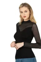 Kadın Ring Viskon Flok Tül Uzun Kol Esnek Yumuşak Bluz T-Shirt Badi Özkan 26824 Siyah farklı açı
