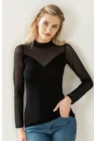 Kadın Ring Viskon Flok Tül Uzun Kol Esnek Yumuşak Bluz T-Shirt Badi Özkan 26824 Siyah görsel 4