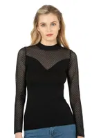 Kadın Ring Viskon Flok Tül Uzun Kol Esnek Yumuşak Bluz T-Shirt Badi Özkan 26824 Siyah görsel 5