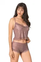 Kadın Vizon Jakarlı Babydoll Şort Takımı Gecelik Ahu Primoda 9050 Vizon