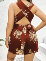 Kahverengi Çiçekli Mini Kadın Büyük Beden Elbise Pink Night 6640 Kahverengi detay görünüm