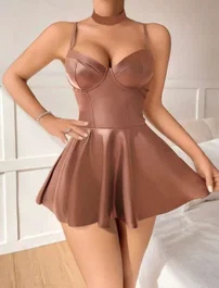Kahverengi Deri Pileli Seksi Elbise Real Passione 21094