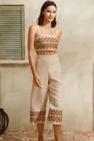 Kalın Askılı Oyuk U Yaka Geometrik Yazlık Uzun Nakış Detaylı Pijama Takımı Anıl 9822 Krem