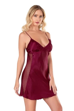 Ahu Lingerie Kenarları Tül Bordo Kısa Saten Gecelik Ahu Primoda 8105