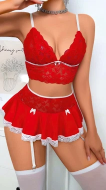 Kırmızı Dantel Büstiyer Etek Seksi Takım Lily Bianca LB-139