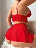 Kırmızı Etekli Fantezi Büstiyer Takım Jesica Bella E-00152 Kırmızı detay görünüm