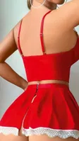 Kırmızı Fiyonklu Dantelli Hizmetçi Kostüm Lily Bianca LB-131 Kırmızı detay görünüm