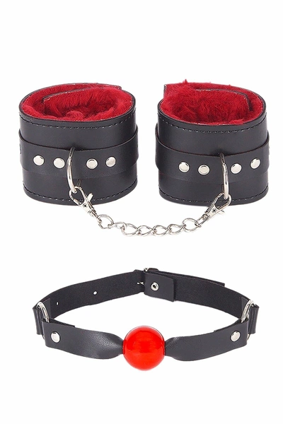 Kırmızı Peluş Fantezi Kelepçe Ağız Topu Harness Set missisX 6017