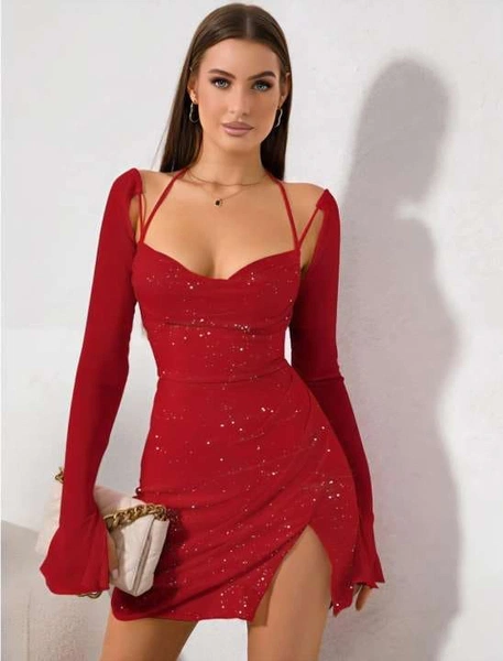 Kırmızı Simli Kolu Tüllü Seksi Kadın Gece Kıyafeti Elbise Real Passione E1015