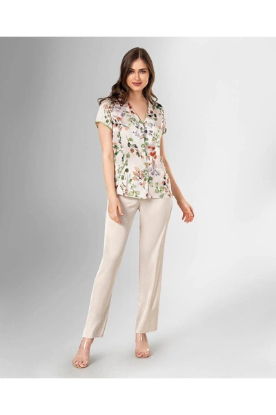 Kısa Kollu Çiçekli Ekru Pijama Takımı Ahu Loriva 1819