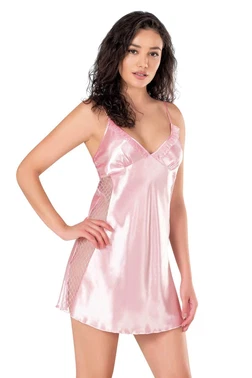 Ahu Lingerie Kısa Saten Pembe Gecelik Ahu Primoda 8105