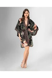Ahu Lingerie Kısa Siyah Çiçek Desenli Kimono Sabahlık Ahu Loriva 1876