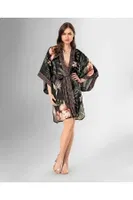 Kısa Siyah Çiçek Desenli Kimono Sabahlık Ahu Loriva 1876 Siyah