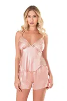 Koyu Pudra Saten Babydoll Şort Takımı Ahu Primoda 9134 Pudra