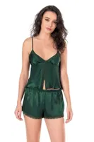 Koyu Yeşil Saten Babydoll Şort Takımı Ahu Primoda 9128 Yeşil detay görünüm