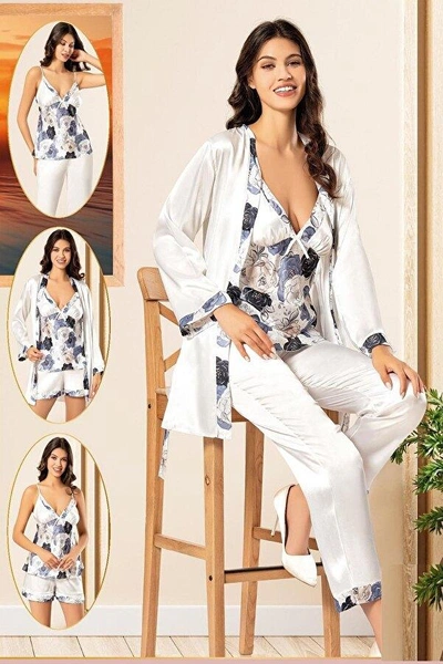 Lacivert 4Lü Empirme Saten Çiçek Desenli Sabahlık Pijama Çeyiz Seti XSES 2155