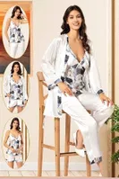 Lacivert 4Lü Empirme Saten Çiçek Desenli Sabahlık Pijama Çeyiz Seti XSES 2155 Lacivert
