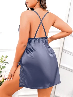 Pink Night Lacivert Dantelli Askılı Saten Büyük Beden Fantezi Gecelik Pink Night 6687 - Alternatif Görünüm