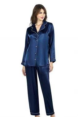 Ahu Lingerie Lacivert İkili Saten Gecelik Pijama Takımı Ahu 7647